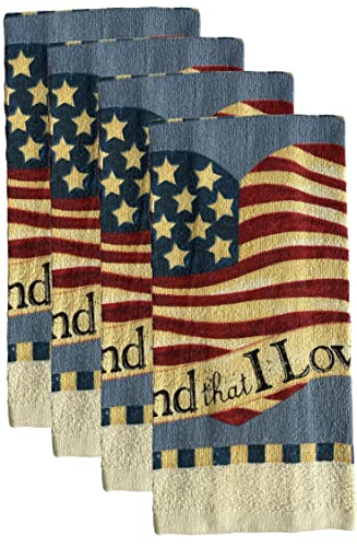 Set of 4, Heart Design US Flag Sentiment Land That I Love Printed Terry Kitchen Towels Dish Towels for Kitchen Decorative Size: 15 x 25 inch.