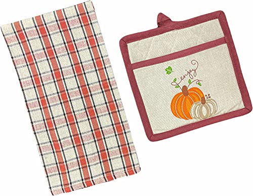 Set of 2, Kitchen Towel, Potholder Set, Pumpkin Sentiment Enjoy Autumn / Fall / Halloween Design Kitchen Towel Set.