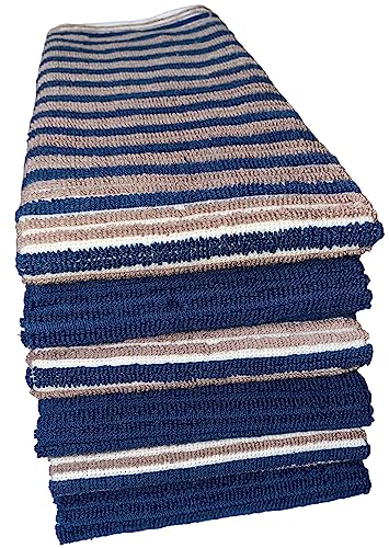 Set of 6, 100% Cotton Tan, Blue and Plain Blue Horizontal Stripes Terry Design Kitchen Towels Highly Absorbent and Machine Washable Size: 15 x 25 inch.