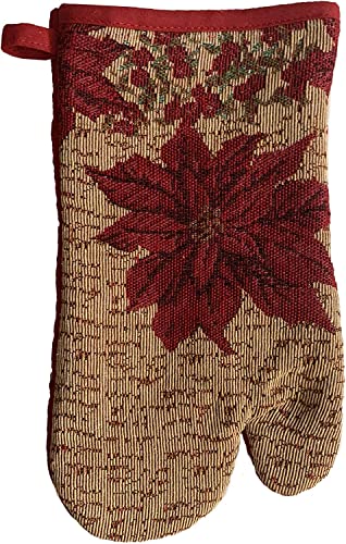 Set of 10, Red Poinsettia Flower Design Christmas Tapestry Kitchen Towel Set, Include 4 Placemats, 2 Kitchen Towels, 2 Pot Holder & 2 Oven mitt.