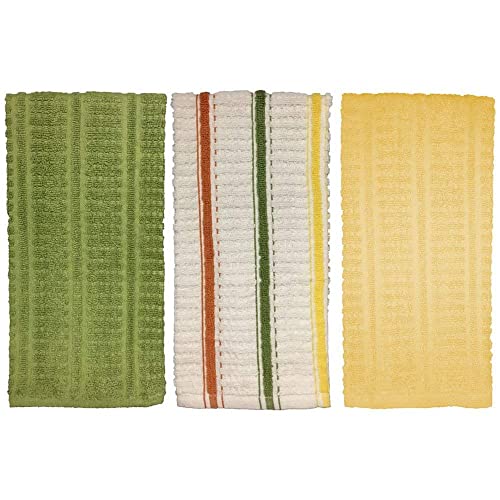 Set of 3, 100% Cotton Terry Ribbed Kitchen Towels, Soft & Ultra Absorbent, Machine Washable, Size: 16” x 27".