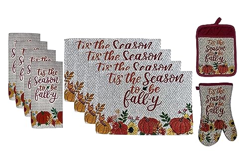 Set of 10, Tis The Season to be Fall-y Autumn Fall Thanksgiving Harvest Fall Kitchen Towel Set, Include 4 Placemats, 4 Kitchen Towels, Pot Holder & Oven mitt.