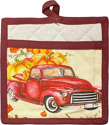 Set of 2, Kitchen Towel, Potholder Set Antique Red Truck with Pumpkin Autumn / Fall / Halloween Design Kitchen Towel Set.