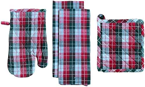 Set of 4, Christmas Multi Color Plaid Check Woven Kitchen Towel Set, Includes 2 Kitchen Towels, 1 Pot Holder, 1 Oven Mitt.