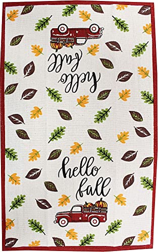 Set of 8, Red Antique Truck and Pumpkin Quote Hello Fall Design Tapestry Kitchen Towel Set, Include 4 Placemats, 2 Kitchen Towels, Potholder & Oven mitt.