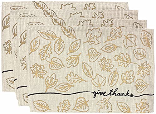 Set of 4, Pumpkin with Leaf, Sentiment give Thanks Autumn, Fall Tapestry Placemats Kitchen Dining Table Easy to Clean, Machine Washable Size: 13” x 19”.