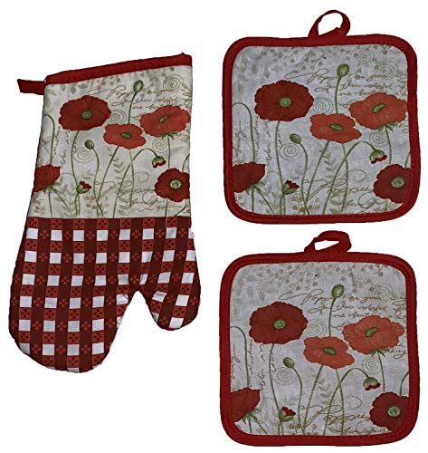 Set of 3, Blooming Flower Collection Printed Decorative Non-Slip, Heat Resistant Kitchen Towel Set Includes 2 Potholder, 1 Oven Mitt.