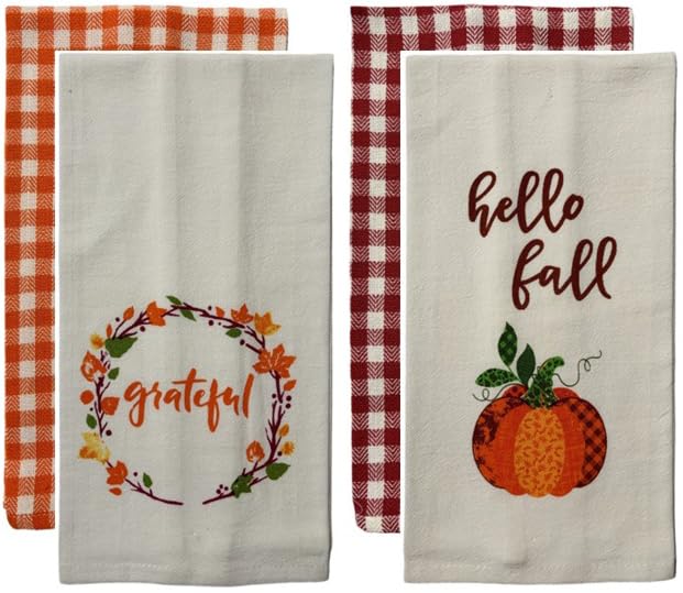 Set of 4, Fall Wreath with Grateful and Pumpkin with Hello Fall - Harvest Flour Sack Kitchen Towels with Gingham Check Kitchen Towels Size : 15" x 25".