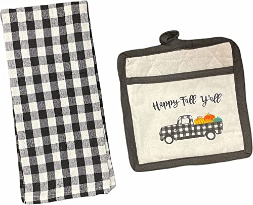 Set of 2, Kitchen Towel, Potholder Set Antique Truck with Pumpkin Sentiment Happy Fall Y'all Autumn / Fall / Halloween Design Kitchen Towel Set.