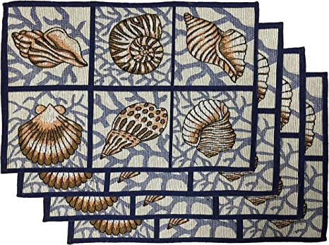 Set of 4, Coastal Nautical Beach Theme Seashell Design Tapestry Placemats for Kitchen Dining Table Mats, Easy to Clean, Machine Washable. Size: 13" x 19".