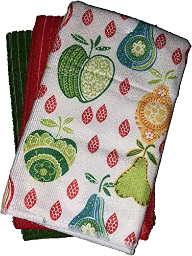 Set of 6, Apple and Pear Fruit Design Microfiber Kitchen Towels / Bar Mop, Ultra-Absorbent & Fast Drying Size : 16" x 19".