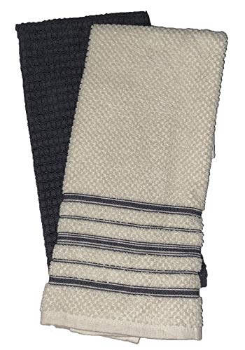 Set of 4, 100% Ring-Spun Terry Cotton Kitchen Dish Towels - 410 GSM, 2 Solid and Beige/Grey Broken Stripe Design with Hanging Loop Super Soft, Highly Absorbent Size: 16 x 27 inch.