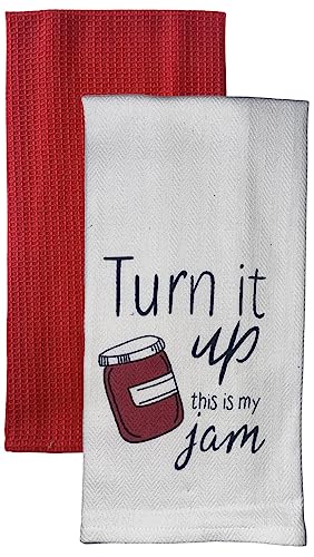 Set of 2, 100% Cotton White Herringbone Funny Kitchen Towels Turn it up This is My jam and Plain Red Kitchen Towels Size: 16 X 28 Inch.