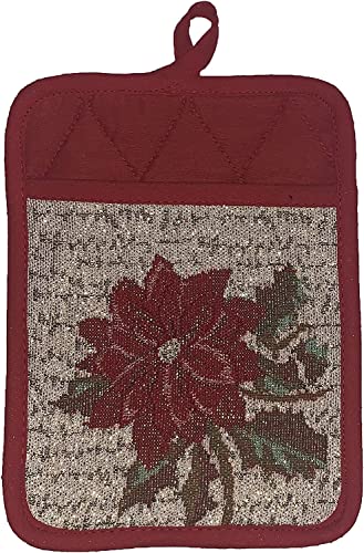 Set of 10, Red Poinsettia Flower Design Christmas Tapestry Kitchen Towel Set, Include 4 Placemats, 2 Kitchen Towels, 2 Pot Holder & 2 Oven mitt.