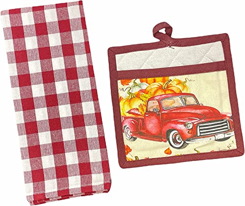 Set of 2, Kitchen Towel, Potholder Set Antique Red Truck with Pumpkin Autumn / Fall / Halloween Design Kitchen Towel Set.