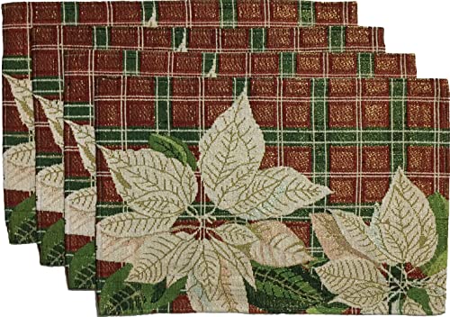 Set of 4, Vintage Scotch Plaid White Poinsettia Flower Design Christmas Tapestry Placemats for Holiday Season, Home Decoration Kitchen Dining Table, Size: 13" x 19".