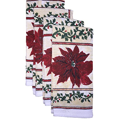 Set of 10, Red Poinsettia Flower Christmas Design Tapestry Kitchen Towel Set, Include 4 Placemats, 2 Kitchen Towels, 2 Pot Holder & 2 Oven mitt.