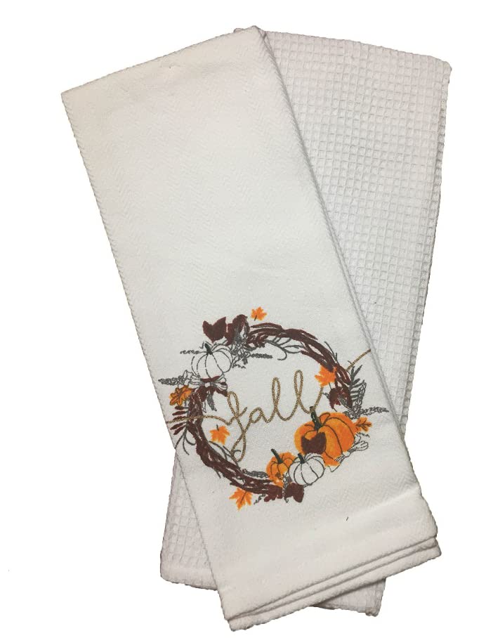 2 Pack, Pumpkin, Leaf and Wreath Sentiment Fall 100% Cotton Kitchen Towels Size: 16 x 28 Inch.