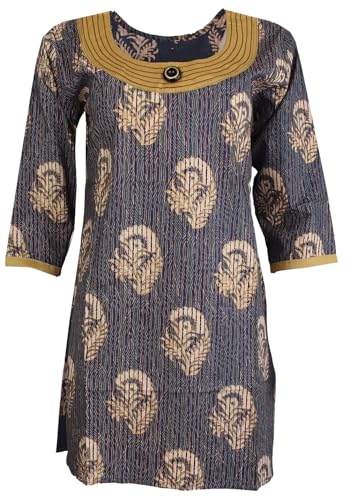 Tunic for Women 100% Cotton Printed Kurti Leaves, Flower with Velvet Round Neck with Button, 3/4 Sleeves, Long Kurta, Tunic, Top.