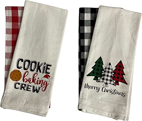 4 Pcs, 100% Cotton Christmas Flour Sack Kitchen Towels, Christmas Tree Quote Merry Christmas & Cookie Baking Crew & 2 Farmhouse Kitchen Towels. Soft and Absorbent Size: 15” x 25”.