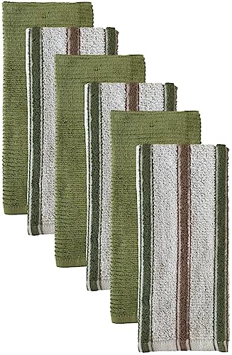 Premium Cotton Yarn Dyed Terry Kitchen Towels Dish Towels Set of 6, 3 Stripes and 3 Solid Kitchen Towels 425 GSM, Soft and Highly Absorbent, Machine Washable Size: 16 x 26 Inch.