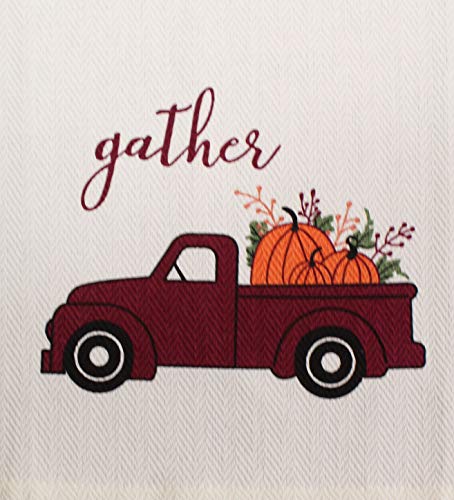 Set of 4, 100% Cotton Off White Vintage Truck with Pumpkin Sentiment Gather and Two Tone Waffle Wave Checks Fall/Halloween Festival Flour Sack Tea Towel/Kitchen Towel Size: 16” x 28".