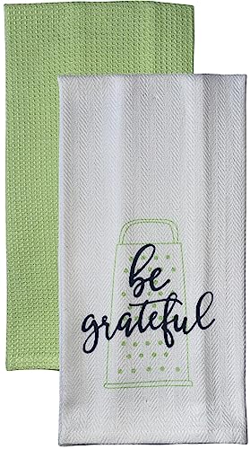 Set of 2, 100% Cotton White Herringbone Funny Kitchen Towels be Grateful and Plain Lime Green Kitchen Towels Size: 16 X 28 Inch.