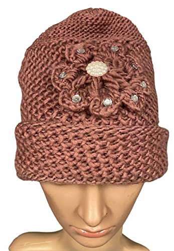 2 Pcs, Womens Wool Knitted Crochet Slouchy Beanie Hat with Flower for Cold Weather Protection.