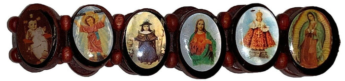 6 Pcs, Wooden Bracelet with Colorful Religious Icon & Beads Shine.