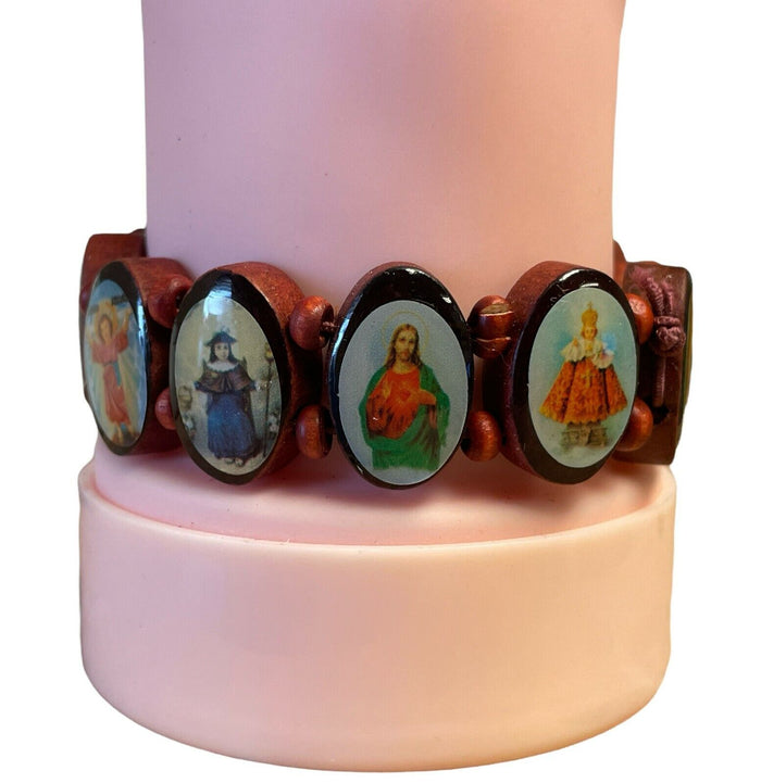 6 Pcs, Saint Bead Bracelet Wood Stretch Elastic Religious Mary Jesus Angel