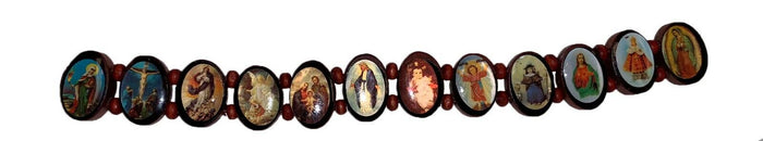 6 Pcs, Wooden Bracelet with Colorful Religious Icon & Beads Shine.