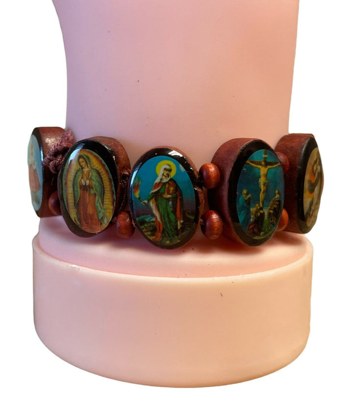 6 Pcs, Saint Bead Bracelet Wood Stretch Elastic Religious Mary Jesus Angel