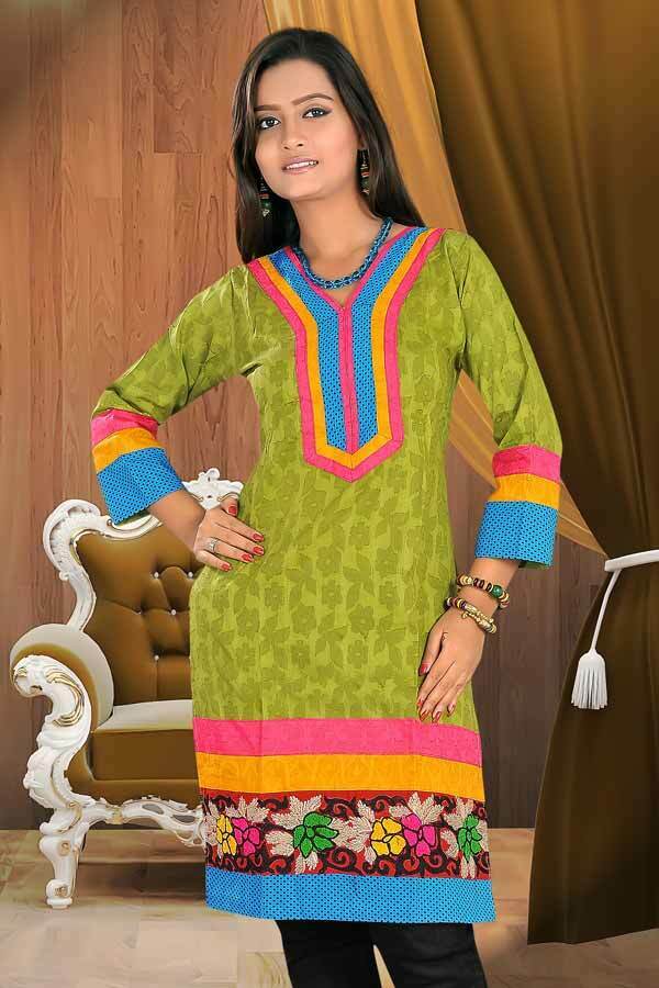 Tunic for Women V-Neck Vertical Stripes Patch Front and Bottom Embroidery Bottom Long Kurti Kurta 3/4 Sleeves Tunic Top.