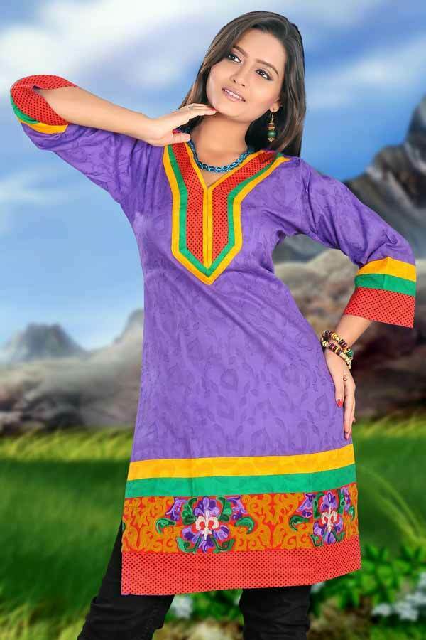 Tunic for Women V-Neck Vertical Stripes Patch Front and Bottom Embroidery Bottom Long Kurti Kurta 3/4 Sleeves Tunic Top.