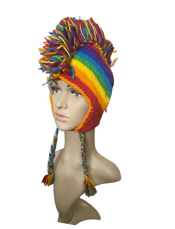 100% Wool Rainbow Mohawk Hand Knitted Beanie Hat Fleece Lining with Earflaps.