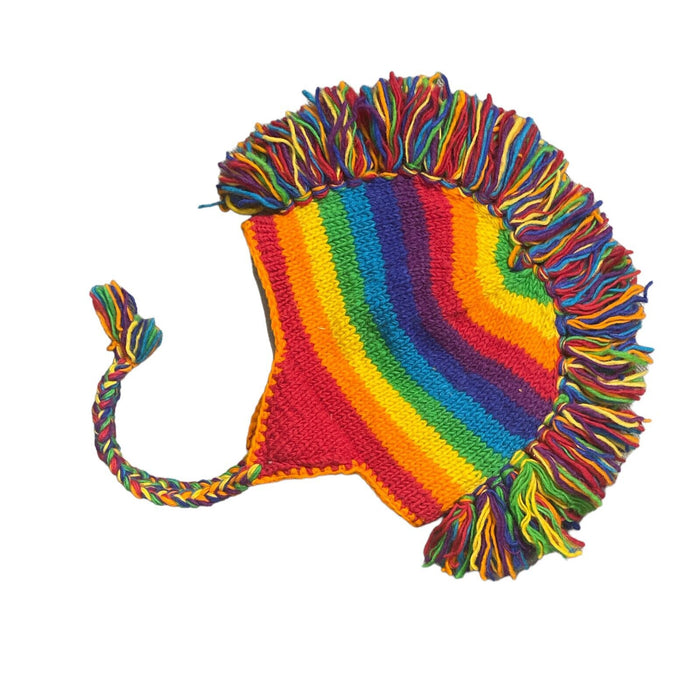 100% Wool Rainbow Mohawk Hand Knitted Beanie Hat Fleece Lining with Earflaps.