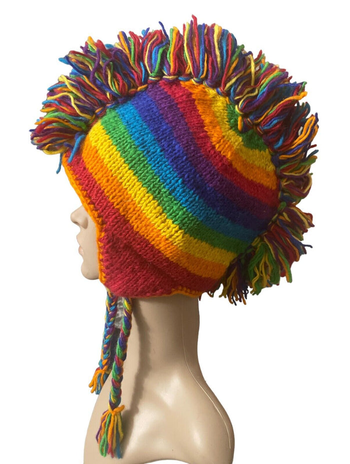 100% Wool Rainbow Mohawk Hand Knitted Beanie Hat Fleece Lining with Earflaps.