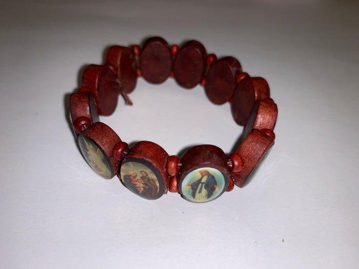 6 Pcs, Wooden Bracelet with Colorful Religious Icon & Beads Shine.