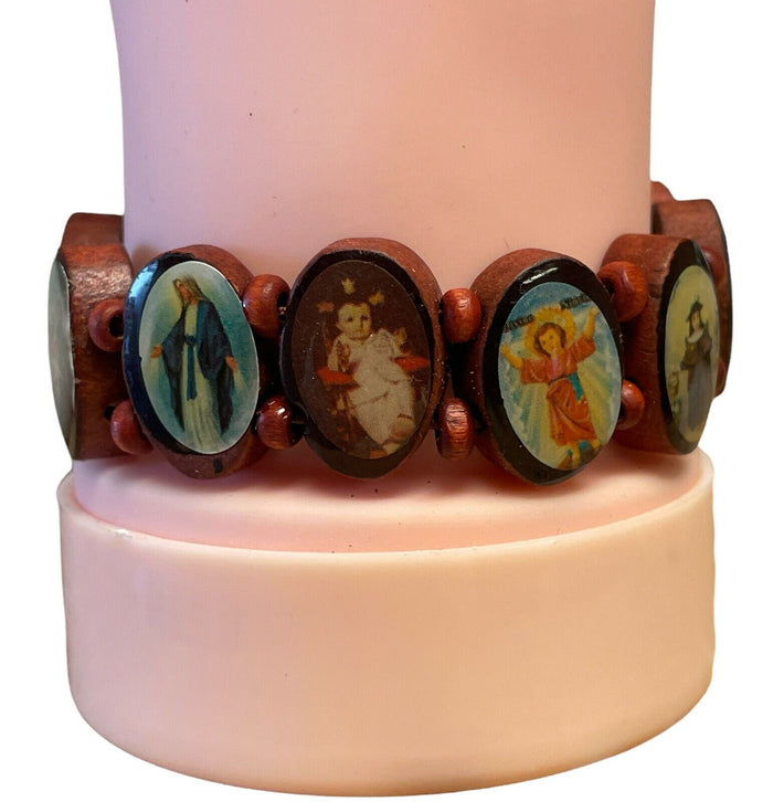 6 Pcs, Saint Bead Bracelet Wood Stretch Elastic Religious Mary Jesus Angel