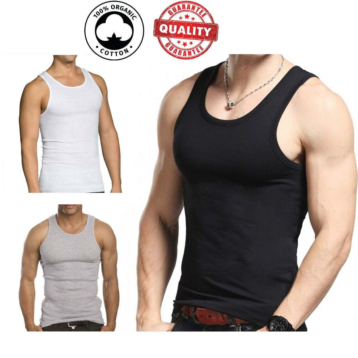 100% Cotton Men's 3 Color A-Shirt, Tank Top, Ribbed Undershirt Wife Beater.