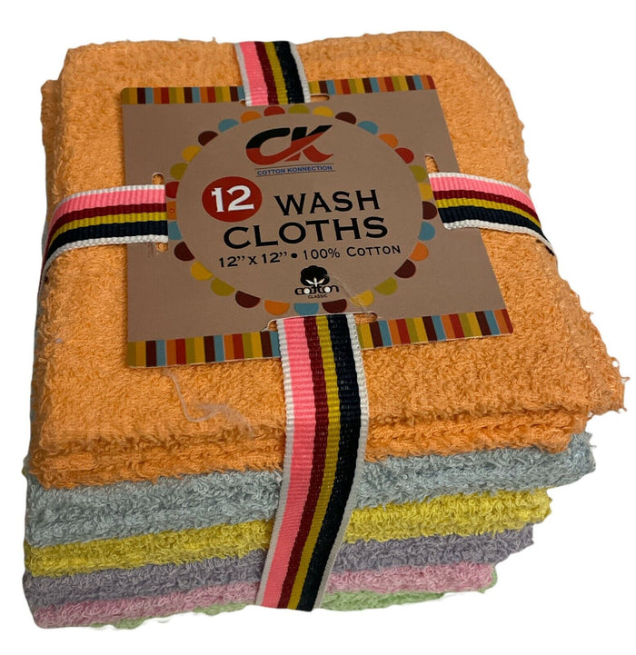 12 Pack, 100% Cotton wash Cloth, Extra Soft, Highly Absorbent, Machine Washable Size 12" X 12", Assorted Colors - Color May Very.