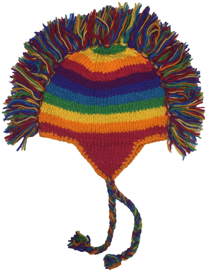 100% Wool Rainbow Mohawk Hand Knitted Beanie Hat Fleece Lining with Earflaps.