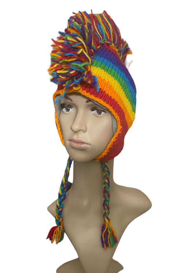 100% Wool Rainbow Mohawk Hand Knitted Beanie Hat Fleece Lining with Earflaps.