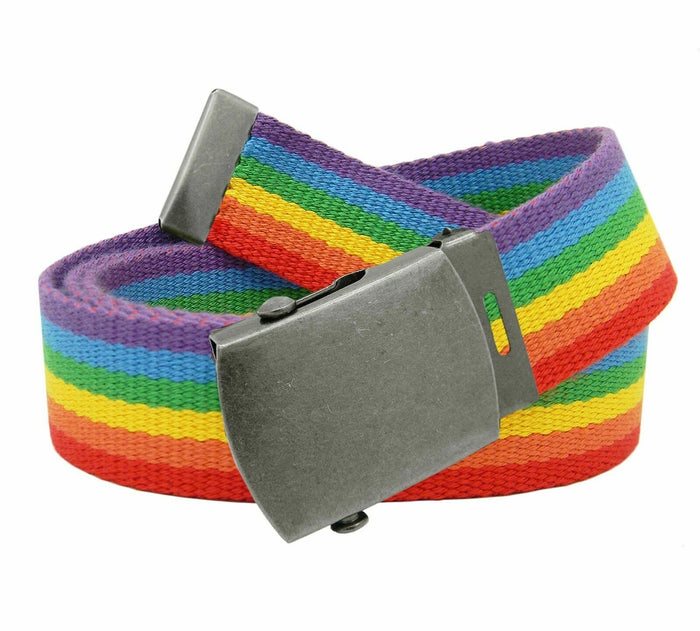 Men's Distressed Silver Buckle Rainbow Stripes Belt Buckle with Canvas Web Belt