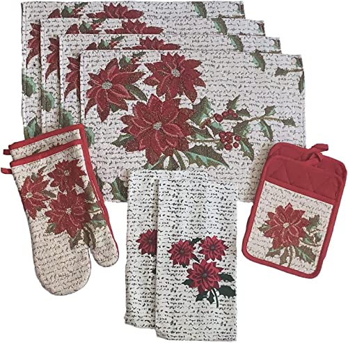 Set of 10, Red Poinsettia Flower Design Christmas Tapestry Kitchen Towel Set, Include 4 Placemats, 2 Kitchen Towels, 2 Pot Holder & 2 Oven mitt.