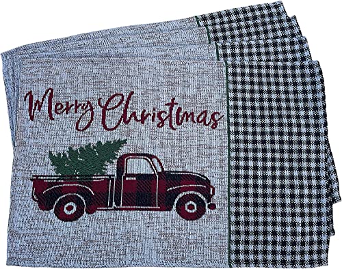 Set of 4, Red Truck with Christmas Tree with Merry Christmas and Plaid on Side,