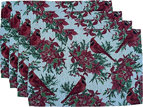 Set of 10, Red Cardinal Bird Holiday Season Christmas Design Tapestry Kitchen Towel Set, Include 4 Placemats, 4 Kitchen Towels, Pot Holder & Oven mitt.