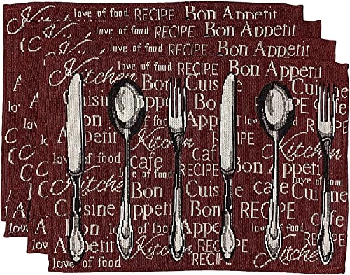 Set of 4, Kitchen Collection Tapestry Placemats Bon Appetit Design Spoon and Knife for Kitchen Dining Table Mats, Easy to Clean, Machine Washable. Size: 13" x 19".