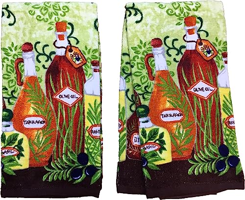 Set of 2, 100% Cotton Herbs and Olive Oil Design Terry Kitchen Towels Size : 16" x 26".