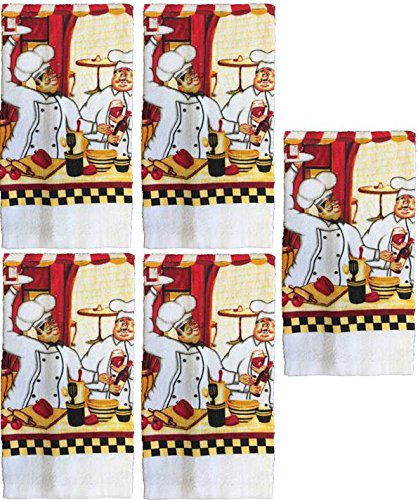 Set of 5, 100% Cotton Chef Serving Wine Printed Terry Kitchen Towels Size : 15 inch x 25 inch.